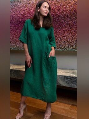 Relaxed Midi Linen Dress in Olive with Pocket